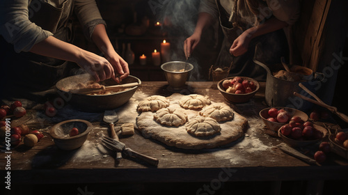 Fototapeta Naklejka Na Ścianę i Meble -  Making Apple Pies in a rustic Kitchen, Fruit Pies, Food blogo Photo