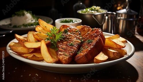 breaded pork chop served with crispy potato wedges