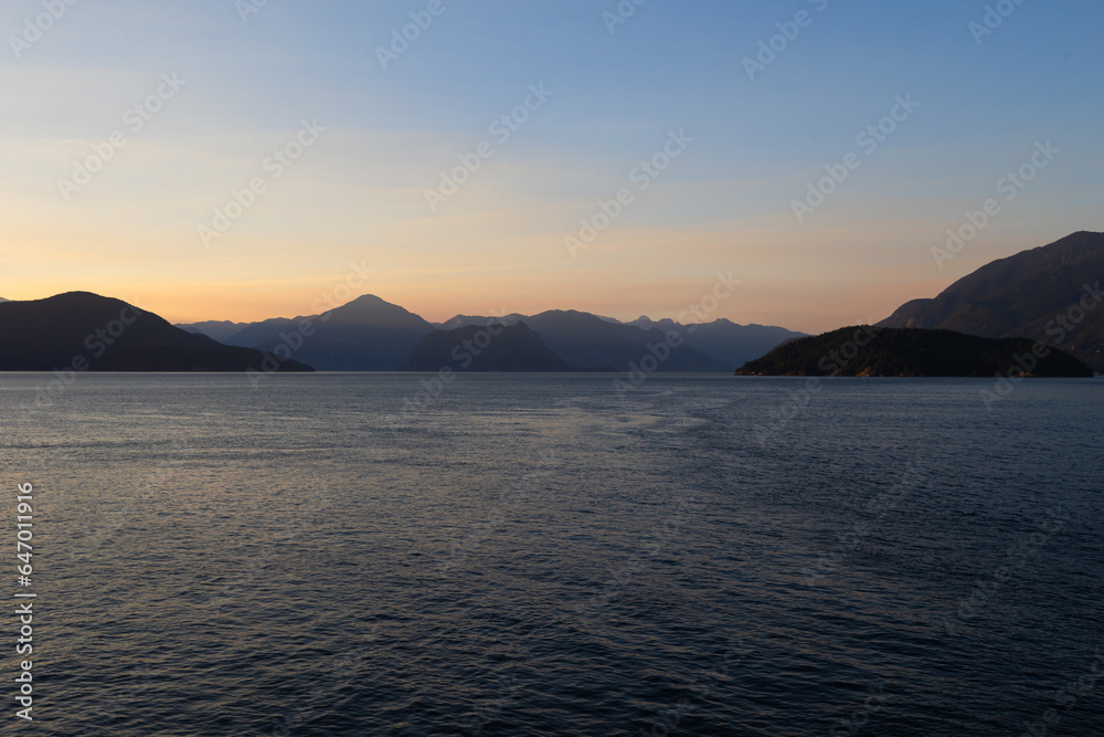Bowen Island, Howe Sound and the Coast Mountains of British Columbia, Canada at sunset or dusk