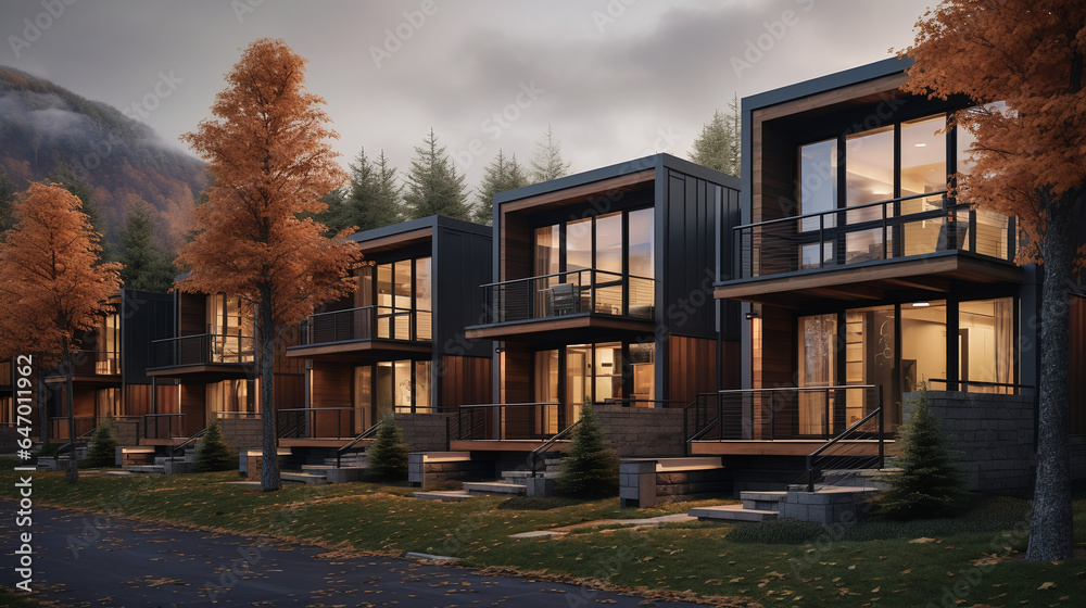 Modern Vermont townhouses, Autumn in Vermont with Fall Foliage and colorful leaves Modern Vermont townhouses, Autumn in Vermont with Fall Foliage and colorful leaves