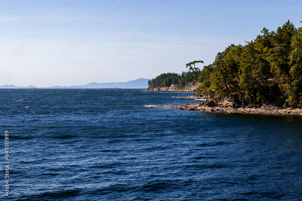 Shoreline of Gabriola Island looking to the Malaspina Galleries and Vancouver Island and the Coast Mountains of British Columbia, Canada