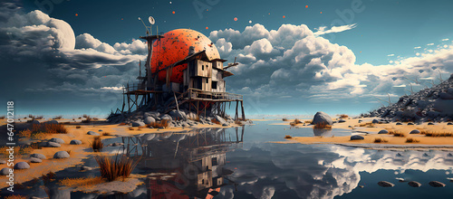 Fantastic. House on the river, clouds. Sun. Banner. Wallpaper. Generated AI. Edited in Photoshop
