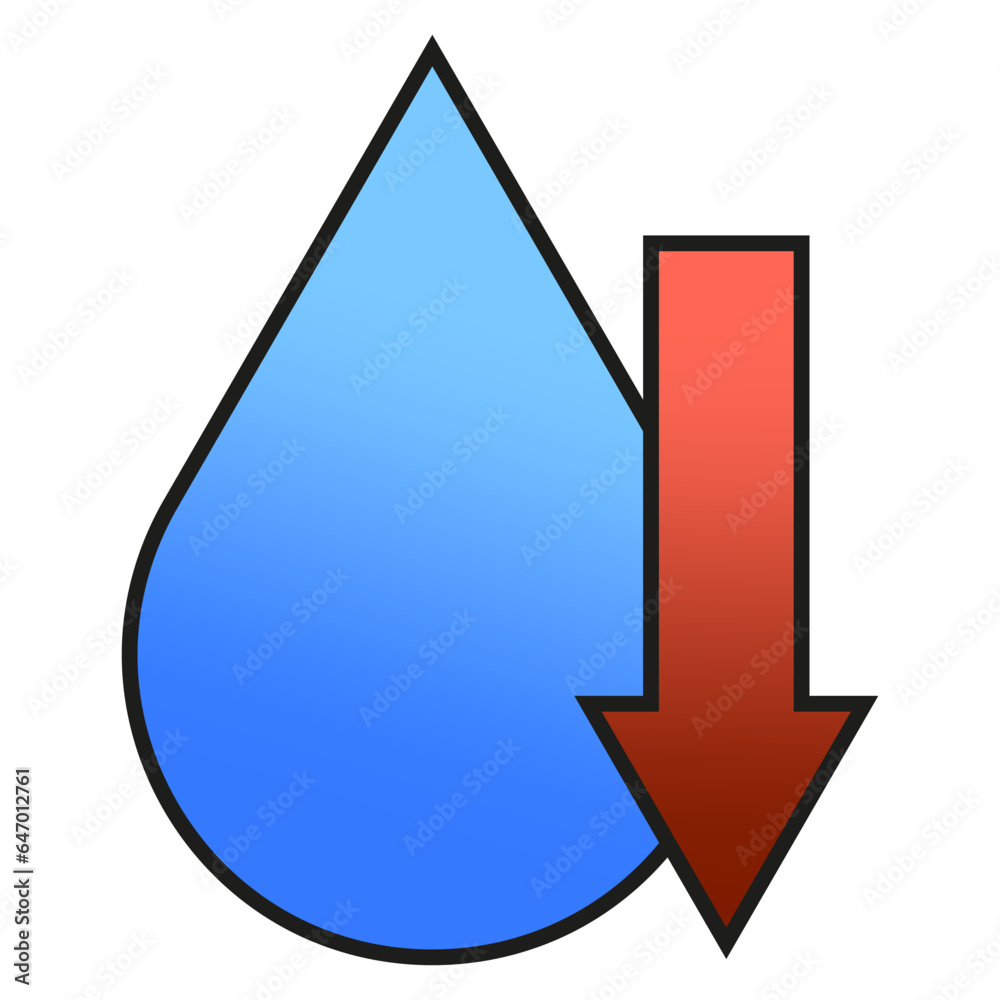 Low water sign. Drop with down arrow. Vector illustration. EPS 10. Low water sign. Drop with down arrow. Vector illustration. EPS 10.