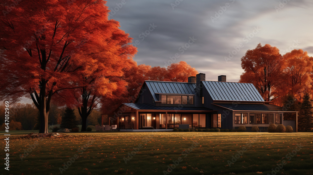Modern Vermont Farmhouse, Autumn in Vermont with Fall Foliage and colorful leaves
