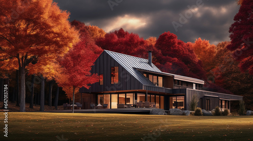 Modern Vermont Farmhouse, Autumn in Vermont with Fall Foliage and colorful leaves
