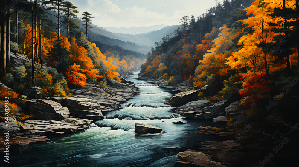 Mountain Stream - fall - autumn - peak leaves season - inspired by western North Carolina  - obrazy, fototapety, plakaty 