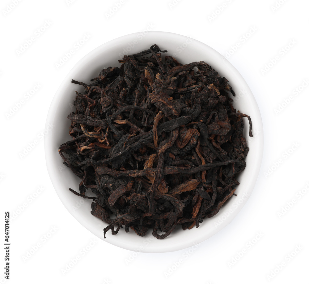 Bowl of traditional Chinese pu-erh tea leaves isolated on white, top view Bowl of traditional Chinese pu-erh tea leaves isolated on white, top view