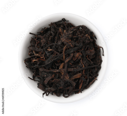 Bowl of traditional Chinese pu-erh tea leaves isolated on white, top view