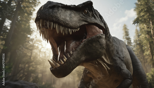 Dinosaur: Tyrannosaurus rex with powerful jaws open, ferocious might of the t-rex photo