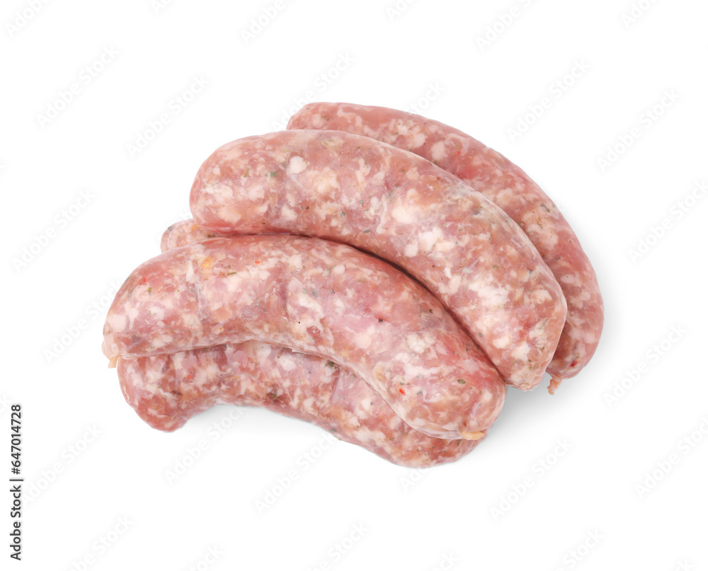 Fresh raw homemade sausages isolated on white, top view