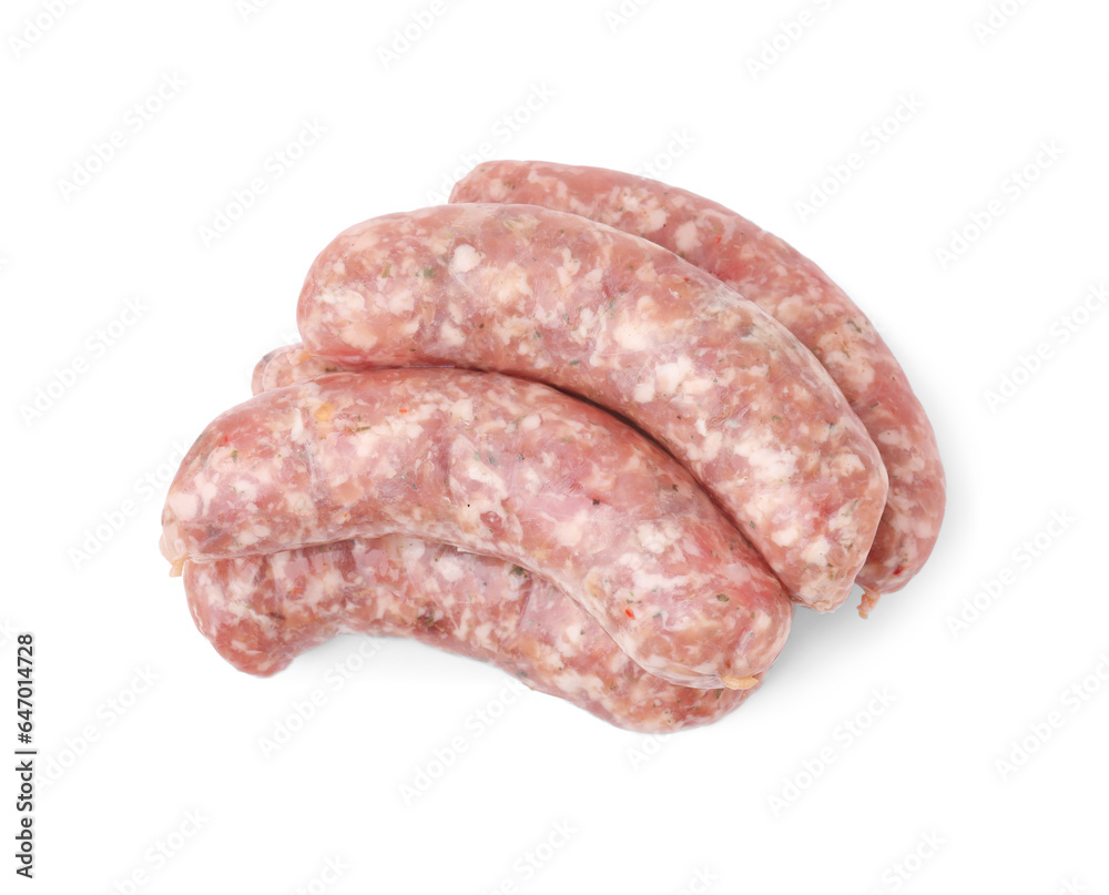 Fresh raw homemade sausages isolated on white, top view Fresh raw homemade sausages isolated on white, top view