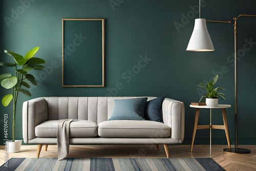Home interior mock up poster with vertical metal frame  potted plant and lamp on green wall background. Modern living room