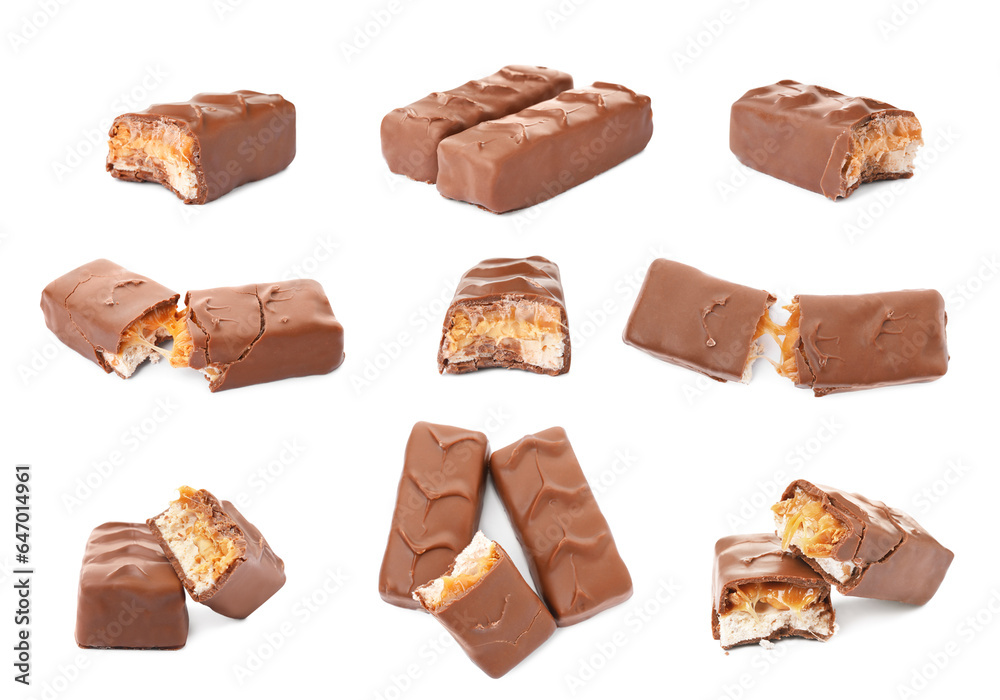 Collage with chocolate bars isolated on white