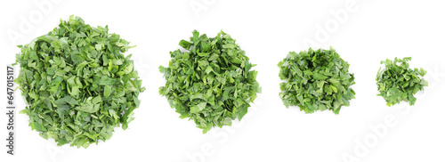 Set with heaps of cut parsley isolated on white  top view