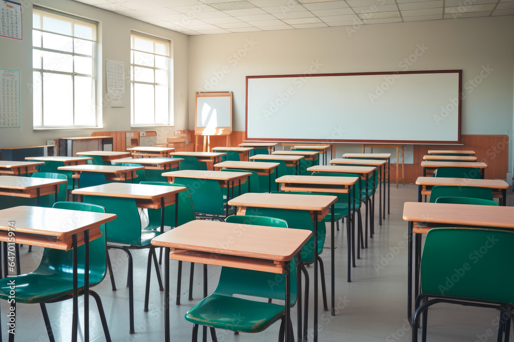 Empty classroom with vacant student desks in a bright classroom, lockdown pandemic or out of school concept