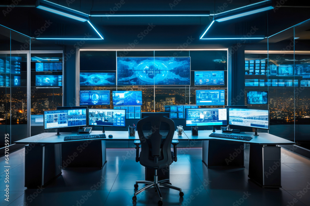 Interior of big modern security system control room, workstation with multiple displays, monitoring room with at security data center. Nobody. Interior of big modern security system control room, workstation with multiple displays, monitoring room with at security data center. Nobody.