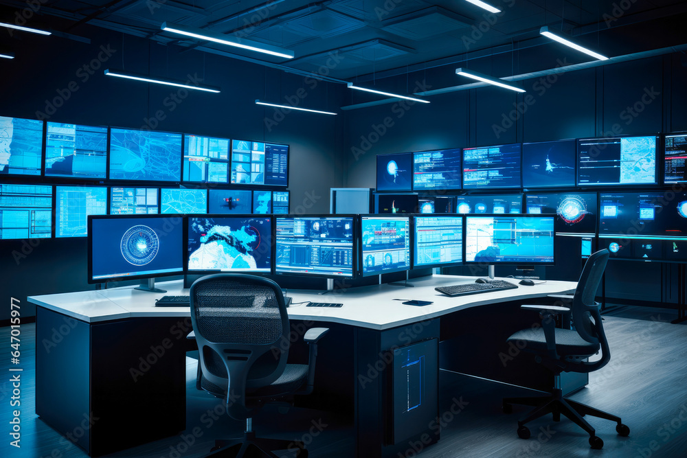 Interior of big modern security system control room, workstation with multiple displays, monitoring room with at security data center. Nobody. Interior of big modern security system control room, workstation with multiple displays, monitoring room with at security data center. Nobody.