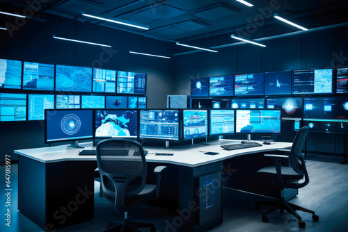 Interior of big modern security system control room, workstation with multiple displays, monitoring room with at security data center. Nobody.