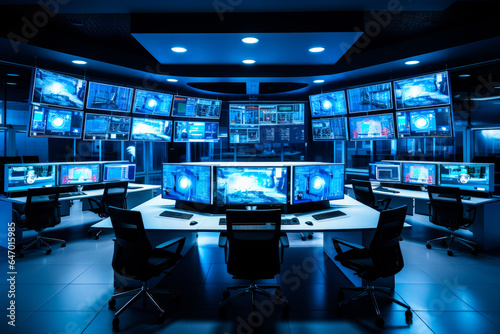 Interior of big modern security system control room, workstation with multiple displays, monitoring room with at security data center. Nobody. © MVProductions