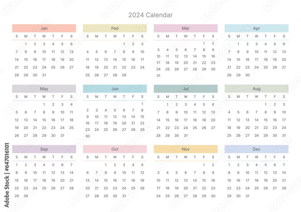 A simple and minimalist style annual template with a 2024 year 12 month calendar. Note, scheduler, diary, calendar, planner design template illustration. A simple and minimalist style annual template with a 2024 year 12 month calendar. Note, scheduler, diary, calendar, planner design template illustration.