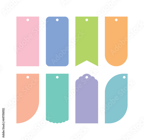 A set of illustrations of decorative icons in the shape of colorful tags, labels, banners, and bookmarks. It is used as a design template source for messages, event contents, etc.