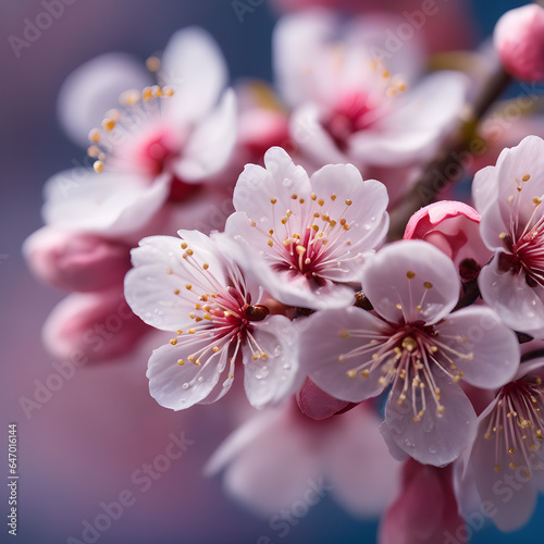Beautiful pink cherry blossoms bloomed on the branches.