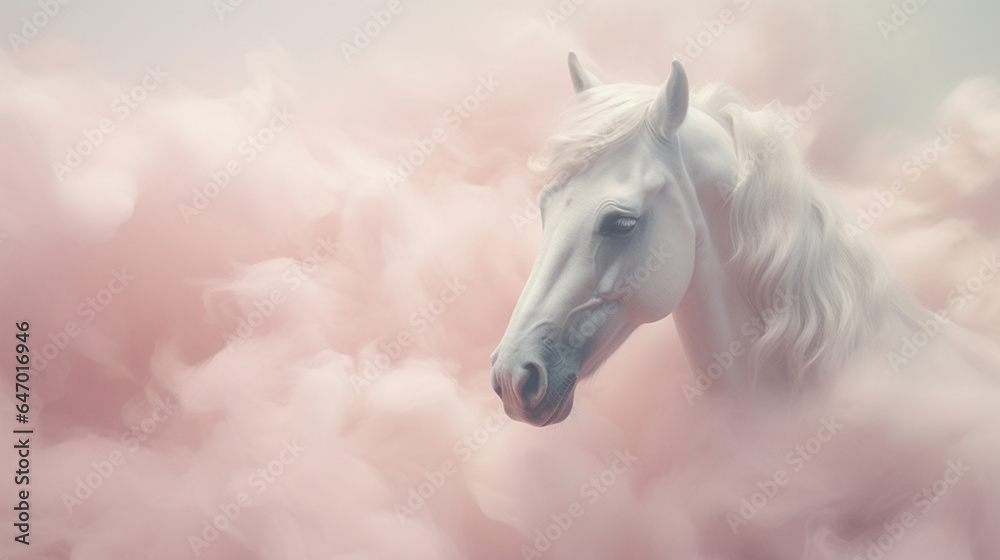 Closeup on the Head of a Majestic White Horse as they are Surrounded by Pink Cotton Candy Smoke or Clouds - Pink Pastel Color Tones in Muted Surrealism Aesthetic - Whimsical 