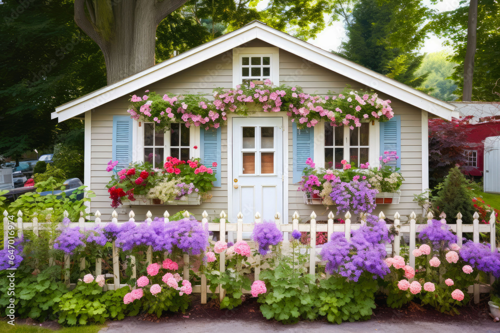 A view of a garden shed with window box full of colorful flowers. Cottagecore or gardening concept
