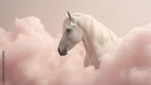 Closeup on the Head of a Majestic White Horse as they are Surrounded by Pink Cotton Candy Smoke or Clouds - Pink Pastel Color Tones in Muted Surrealism Aesthetic - Whimsical 