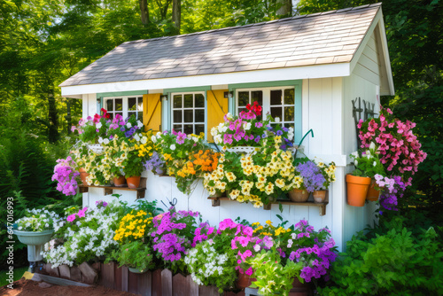 A view of a garden shed with window box full of colorful flowers. Cottagecore or gardening concept