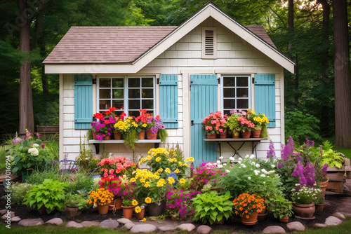 A view of a garden shed with window box full of colorful flowers. Cottagecore or gardening concept © MVProductions