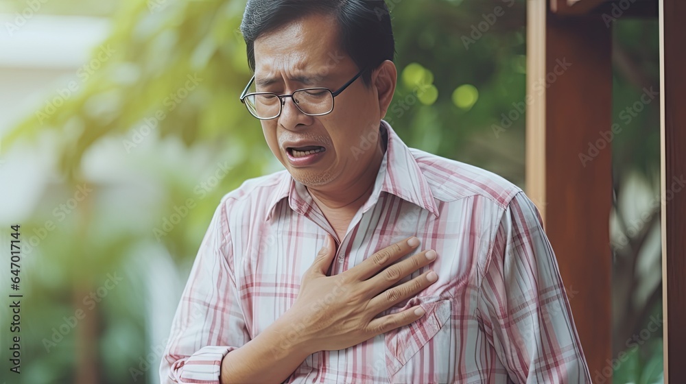 hand hold chest with heart attack symptoms, man working hard have chest