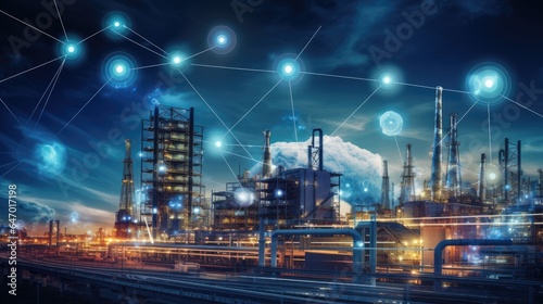 Modern factory  communication network. Telecommunication. IoT  Internet of Things  ICT  Information communication Technology . Smart factory. Digital transformation  cloud connecting  generate by AI.
