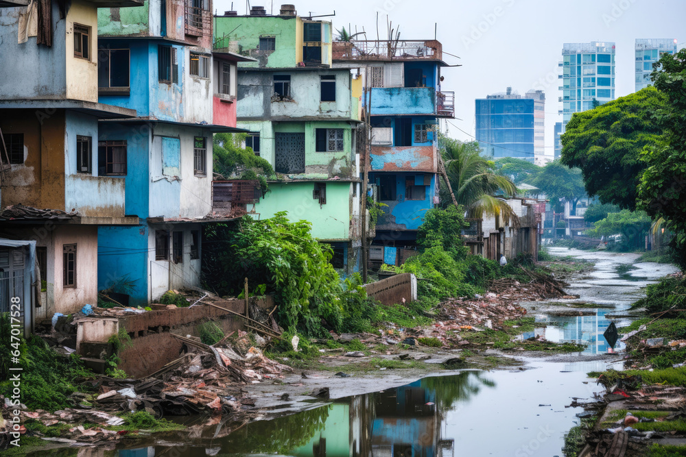 Income inequality, a view of a slum with dilapidated shanty houses. Poor people concept
