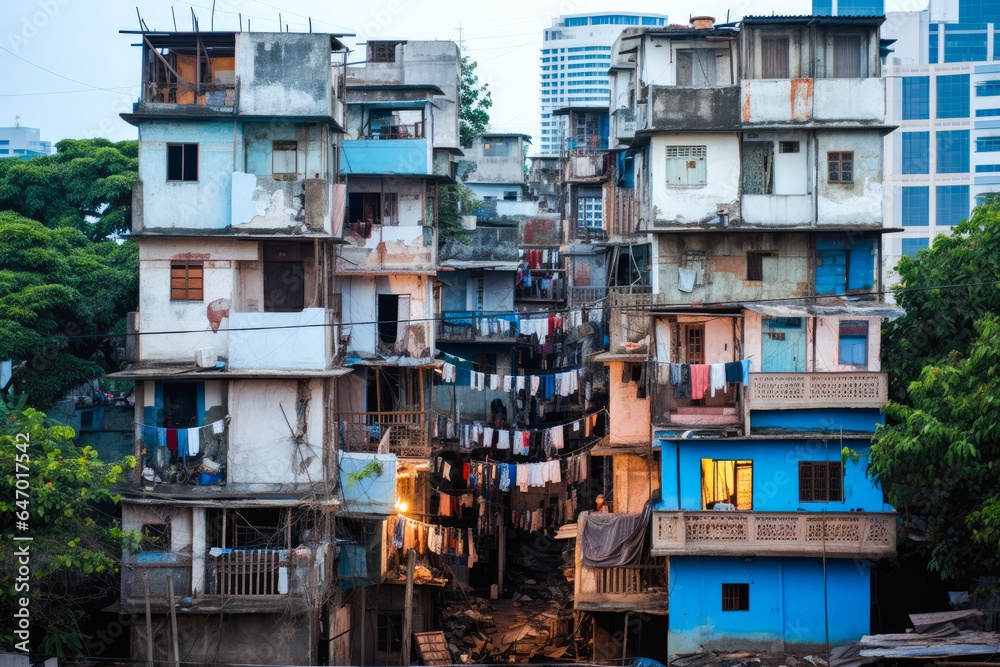 Income inequality, a view of a slum with dilapidated shanty houses. Poor people concept Income inequality, a view of a slum with dilapidated shanty houses. Poor people concept