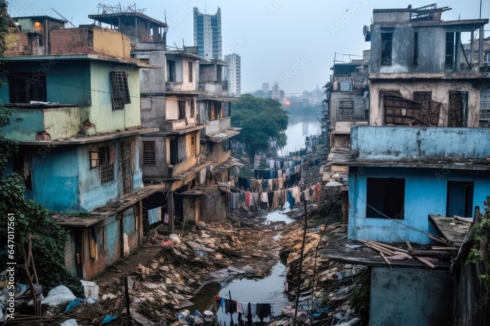 Income inequality, a view of a slum with dilapidated shanty houses. Poor people concept Income inequality, a view of a slum with dilapidated shanty houses. Poor people concept