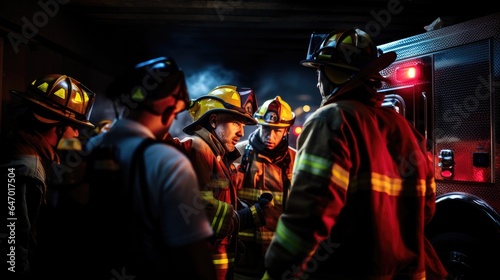 Several firefighters of diverse ethnic backgrounds are in the midst of a conversation in an emergency situation. Dark scene with smoke and truck lights © Pepe Quilez