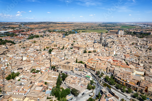 Aerial view of the old city on the hill of Toledo, Spain on a sunny day