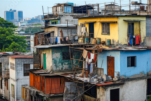 Income inequality  a view of a slum with dilapidated shanty houses. Poor people concept