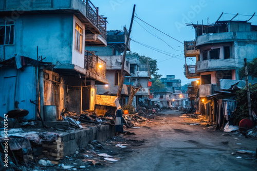 Income inequality, a view of a slum with dilapidated shanty houses. Poor people concept photo