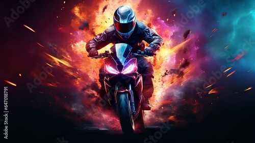 A motorcycle rider has an explosion in the background 