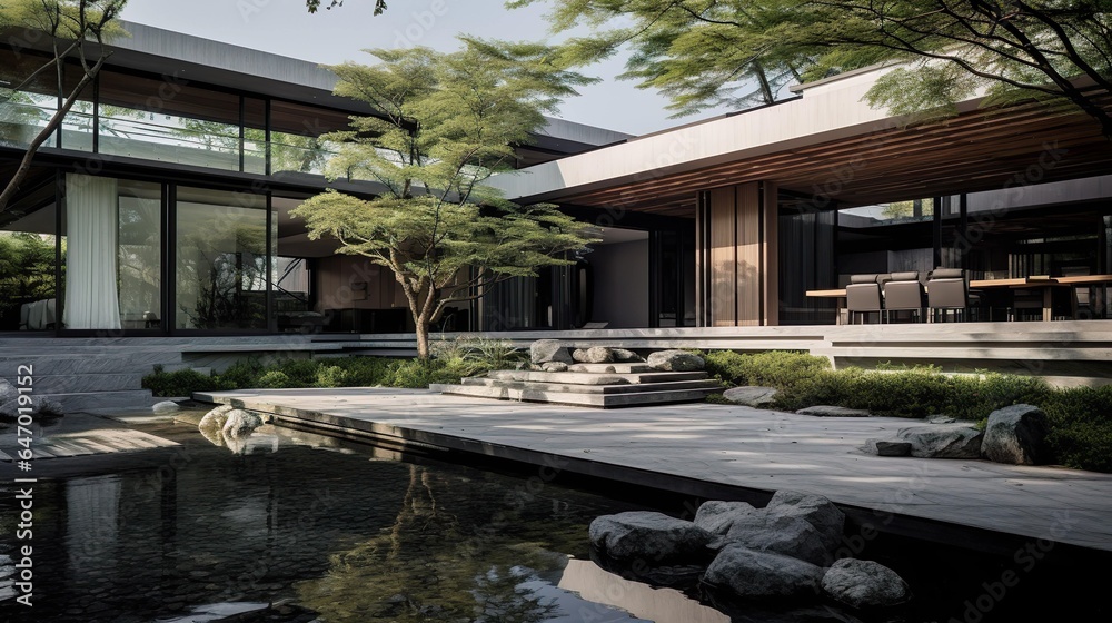 Naklejka premium a spacious outdoor garden modern stacked villa