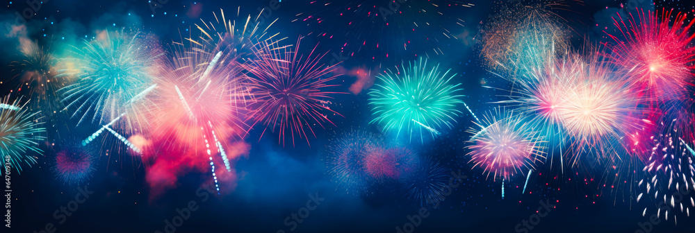 Fototapeta premium Colorful fireworks on the 4th of July. Festival celebration explosion with abstract firecrackers in the night sky