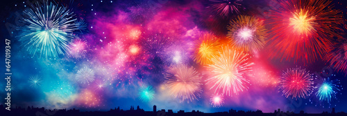 Colorful fireworks on the 4th of July. Festival celebration explosion with abstract firecrackers in the night sky