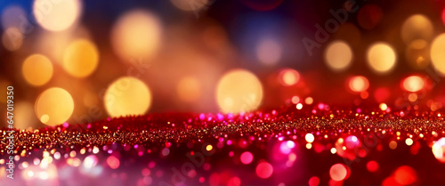 Christmas illustration in red and golden colors with blurry lights, bright sparkles and bokeh effect. Generative AI