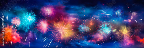 Colorful fireworks on the 4th of July. Festival celebration explosion with abstract firecrackers in the night sky