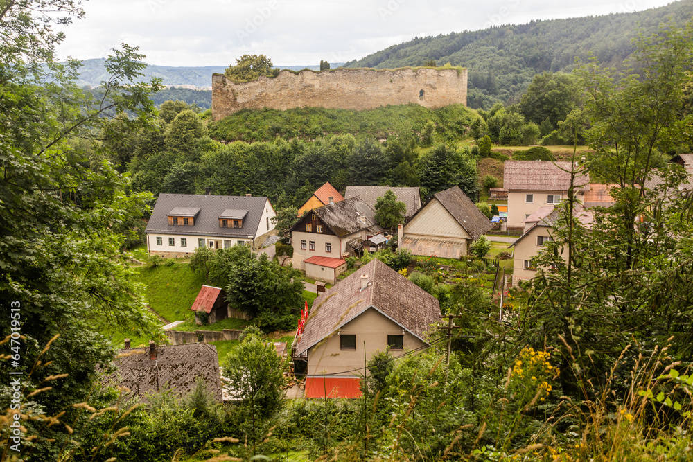 Lansperk village under Lansperk castle ruin, Czech Republic