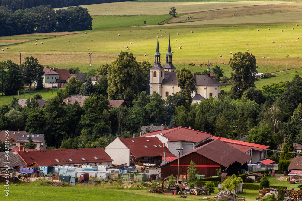 Aerial view of Orlice church in Letohrad, Czech Republic
