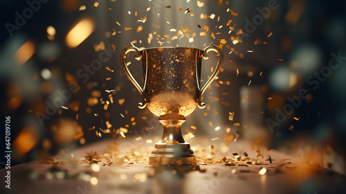 Ultimate Win: Gold Trophy and Confetti on Tabletop