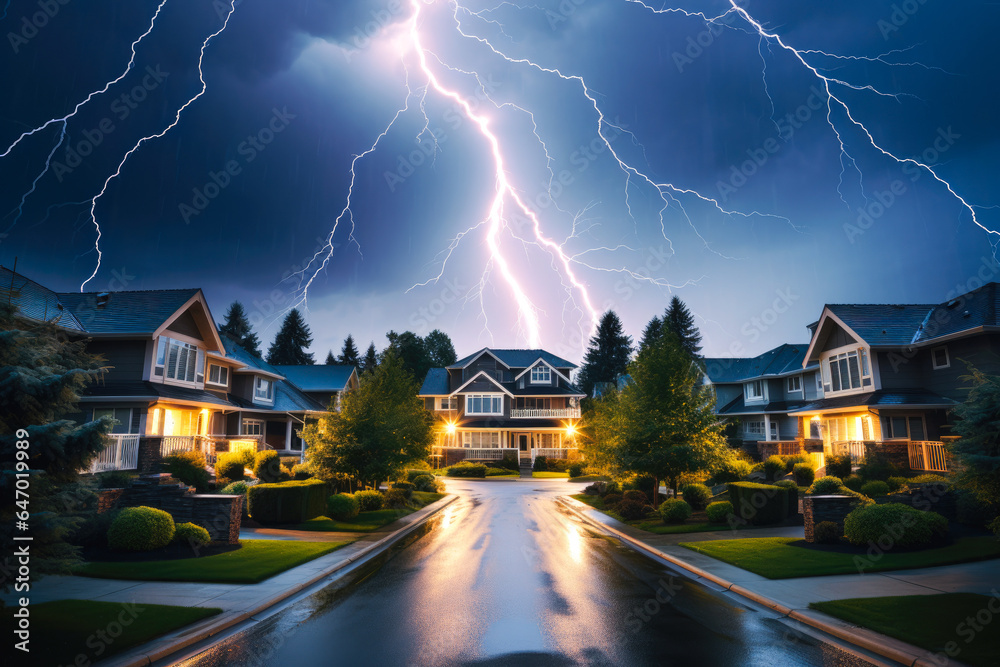 Lightning striking a residential neighborhood - obrazy, fototapety, plakaty 